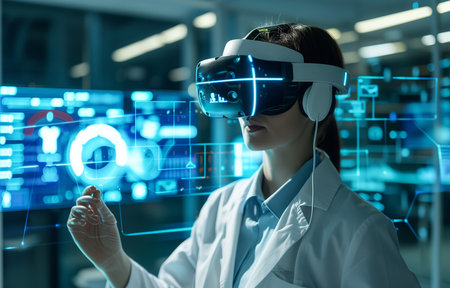 A female scientist or doctor wearing VR glasses in a laboratory, immersed in a virtual world. Modern technologies and science. Portrait, close-up, bokeh effect in the background.の素材