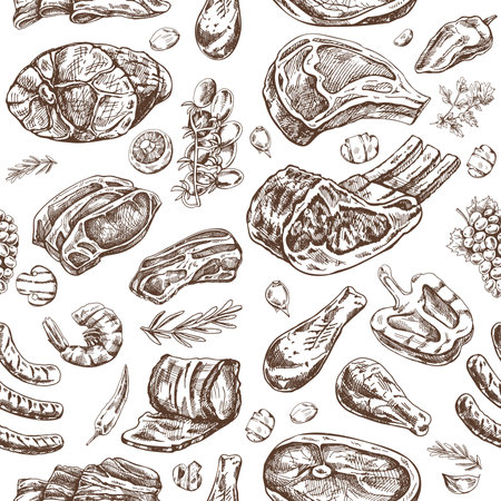 Meat and vegetables seamless pattern in engraved vintage style. Hand-drawn monochrome pattern of barbecue meat pieces with herbs and seasonings. Sketches for meat restaurant.のイラスト素材