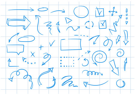 Doodle design elements and arrows on the background of a checkered notebook sheet. Elements for infographics. Hand-drawn vector set of blue contour icons, frames, borders, arrows isolated.のイラスト素材