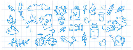 Set of ecology on background of checkered notebook sheet. Hand-drawn doodle vector illustration. Ecology problem, recycling blue icons. Environmental symbols.のイラスト素材