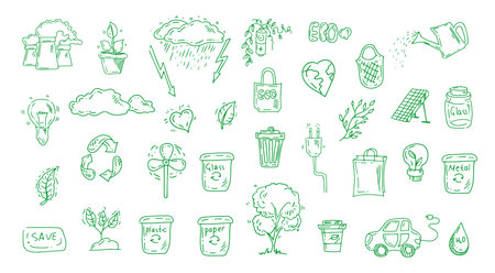 Set of ecology. Hand drawn design vector illustration. Ecology problem, recycling and green energy icons in doodle style.のイラスト素材