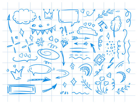 Simple sketch line style elements. Doodle cute ink pen line elements isolated on background of checkered notebook sheet. Doodle arrow, heart, star, decoration symbol, blue icon set. Vector illustration.のイラスト素材
