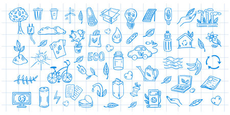 Set of ecology. Hand-drawn doodle vector illustration on background of checkered notebook sheet. Ecology problem, recycling and energy blue icons. Environmental symbols.のイラスト素材