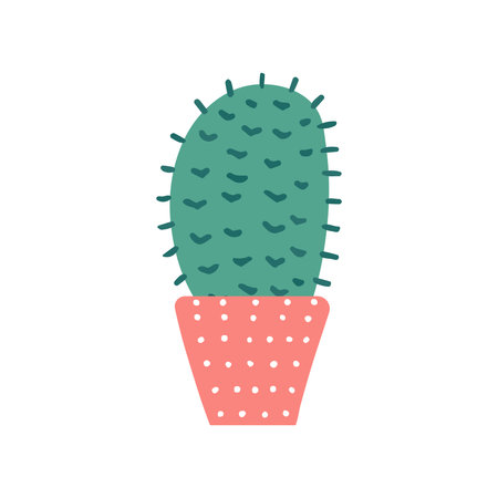 Hand-drawn vector cactus isolated on white background. Flat style illustration of spiny plant, blooming cactus, succulent plant in colorful ceramic pot. Home plant, mexico cactus flower.のイラスト素材