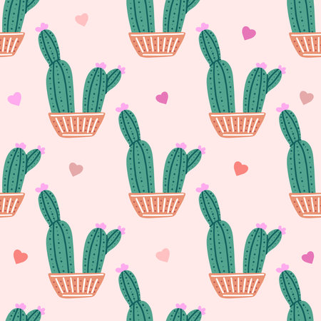 Hand-drawn vector seamless pattern of cactus. Flat style illustration of spiny plant, blooming cactus, succulent plant in colorful ceramic pot. Home plant, mexico cactus flower.のイラスト素材