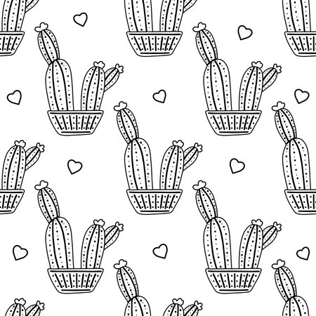 Hand-drawn vector seamless pattern of cactus. Outline doodle style illustration of spiny plant, blooming cactus, succulent plant in ceramic pot. Home plant, mexico cactus flower.のイラスト素材