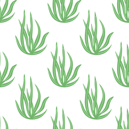 Hand-drawn colored underwater sea weed seamless pattern, laminaria spirulina seaweed in flat style. Water element. Ocean vector illustration. Sea collection.のイラスト素材