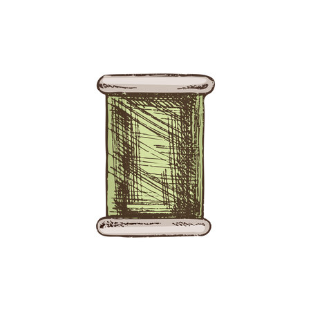 Hand-drawn colored sketch of skein of thread. Handmade, sewing equipment concept in vintage doodle style. Engraving style.のイラスト素材