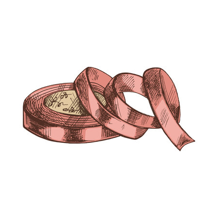 Hand-drawn colored sketches of satin ribbon. Handmade, sewing equipment concept in vintage doodle style. Engraving style.のイラスト素材
