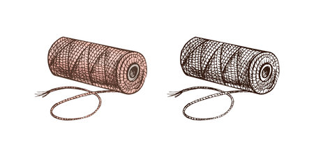 Hand-drawn colored and monochrome sketches of skein of thread. Handmade, sewing equipment concept in vintage doodle style. Engraving style.のイラスト素材