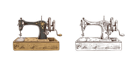 Hand-drawn colored and monochrome sketches of vintage sewing machines. Handmade, sewing equipment concept in vintage doodle style. Engraving style.のイラスト素材
