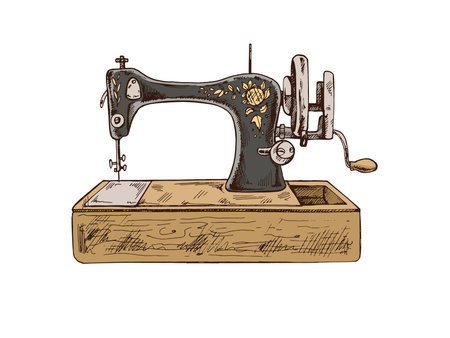 Hand-drawn colored sketch of vintage sewing machine. Handmade, sewing equipment concept in vintage doodle style. Engraving style.のイラスト素材
