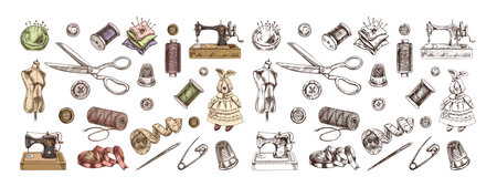 Vintage set of hand-drawn colored and monochrome sewing icons. Vector illustrations in sketch style. Handmade, sewing equipment concept in vintage style. Engraving style.のイラスト素材
