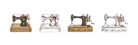 Hand-drawn colored and monochrome sketches of vintage sewing machines. Handmade, sewing equipment concept in vintage doodle style. Engraving style.のイラスト素材
