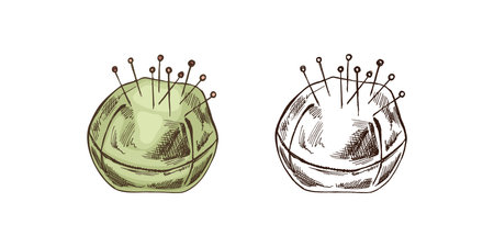 Hand-drawn colored and monochrome sketches of pincushions with needles and pins. Handmade, sewing equipment concept in vintage doodle style. Engraving style.のイラスト素材