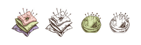 Hand-drawn colored and monochrome sketches of pincushions with needles and pins. Handmade, sewing equipment concept in vintage doodle style. Engraving style.のイラスト素材