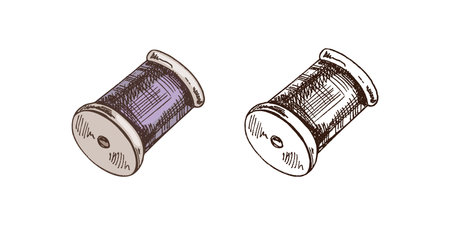 Hand-drawn colored and monochrome sketches of skein of thread. Handmade, sewing equipment concept in vintage doodle style. Engraving style.のイラスト素材