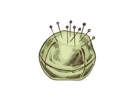 Hand-drawn colored sketches of pincushions with needles and pins. Handmade, sewing equipment concept in vintage doodle style. Engraving style.のイラスト素材