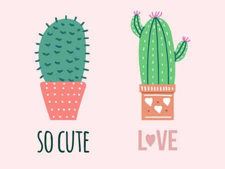 Hand-drawn vector cacti set with calligraphy, lettering. Flat style graphic design of spiny plants, blooming cacti, succulent plants in colorful ceramic pots. Home plants, Mexican cactus, bannerのイラスト素材