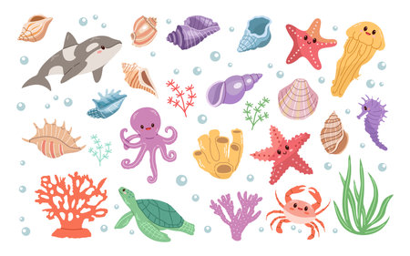 Sea animals. Hand-drawn sea life creatures and elements. Vector doodle cartoon set of marine life objects. Flat illustration on white background. Collection for stickers.のイラスト素材