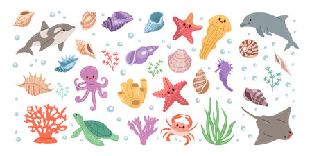 Sea animals. Hand-drawn sea life creatures and elements. Vector doodle cartoon set of marine life objects. Flat illustration on white background. Collection for stickers.のイラスト素材
