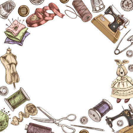 Vintage hand-drawn colored sewing template. Vector illustrations in sketch style. Handmade, sewing equipment concept in vintage doodle style. Template with an empty space in center in form of circle. Engraving style.のイラスト素材