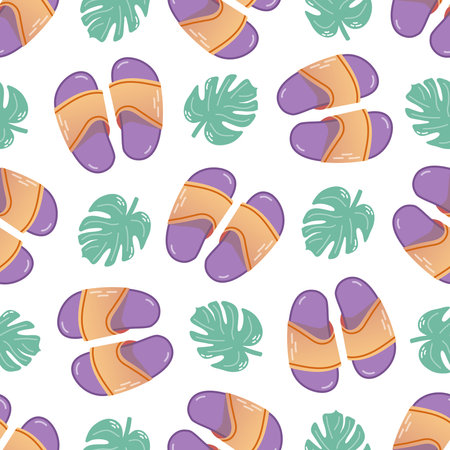 Cute hand drawn flip flops and plant leaf seamless pattern. Flat vector illustration. Doodle drawing.のイラスト素材