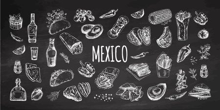 Hand-drawn set of realistic Mexican elements. Vintage sketch drawings of Latin American culture. Vector ink illustration on chalkboard background. Mexican culture.のイラスト素材