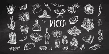 Hand-drawn set of realistic Mexican elements. Vintage sketch drawings of Latin American culture. Vector ink illustration on chalkboard background. Mexican culture.のイラスト素材