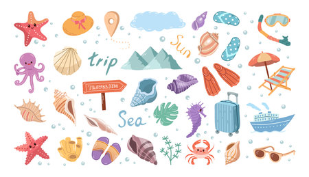 Hand-drawn colored sketch set of travel icons. Tourism and camping adventure icons. Ð¡lipart with traveling elements: marine life, flip-flops, luggage, shells, hat, mountains etc.のイラスト素材