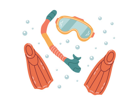 Cute hand drawn diving mask, diving fins and snorkel, vector Marine concept elements. Flat illustration on white background.のイラスト素材