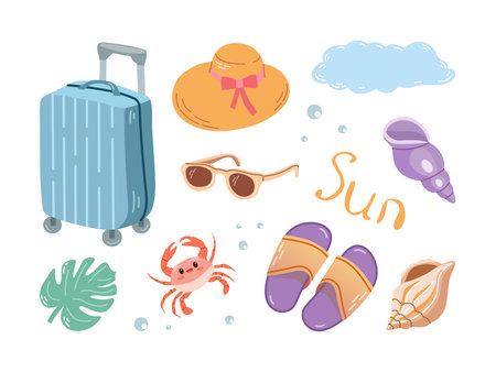 Hand-drawn colored sketch set of travel icons. Tourism and adventure icons. Ð¡lipart with traveling elements: marine life, flip-flops, suitcase, hat, shells etc.のイラスト素材