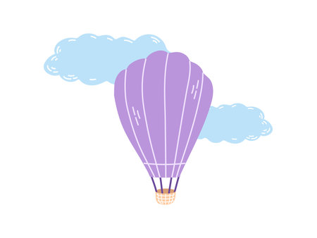 Cute hand drawn hot air balloon with clouds. Flat vector illustration isolated on white background. Doodle drawing.のイラスト素材