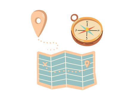 Cute hand drawn compass, geolocation mark and paper map. Flat vector illustration isolated on white background. Doodle drawing.のイラスト素材