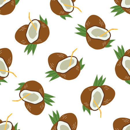 Cute hand drawn seamless pattern of whole coconut and coconut with straw. Tropic background. Perfect for invitations, greeting cards, posters, prints, banners, flyers etc.のイラスト素材