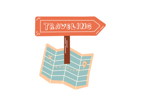 Cute hand drawn paper map with signpost with inscription traveling. Flat vector illustration isolated on white background. Doodle drawing.のイラスト素材