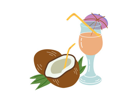 Cute hand drawn cocktail with straw and umbrella, coconut with straw. Flat vector illustration of cocktail in glass isolated on white background.のイラスト素材
