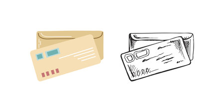 Cute mailing letter, envelope for sending with postmark isolated on white background. Flat and outline sketch of correspondence, physical post and communication.のイラスト素材