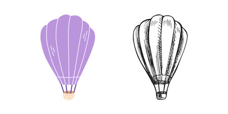 Cute hand drawn hot air balloon. Flat and sketch outline vector illustration isolated on white background. Doodle drawing.のイラスト素材
