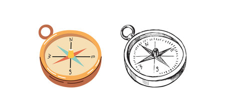 Cute hand drawn compass. Flat and outline black vector illustration isolated on white background. Doodle drawing.のイラスト素材