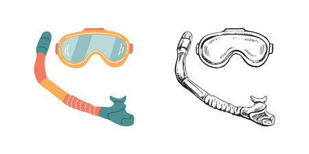 Cute hand drawn diving mask and snorkel, vector Marine concept elements. Flat and outline sketch illustrations on white background.のイラスト素材