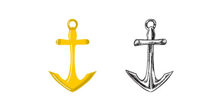 Cute hand drawn ship's anchor. Flat and outline black vector illustration isolated on white background. Doodle drawing.のイラスト素材