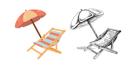 Cute hand drawn beach chair with beach umbrella. Flat and outline vector illustration isolated on white background. Doodle drawingのイラスト素材