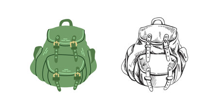 Cute hand drawn camping backpack. Flat and outline black vector illustration isolated on white background. Doodle drawing.のイラスト素材