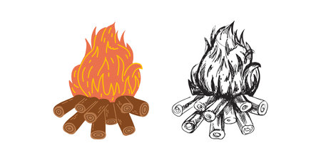Cute hand drawn bonfire. Flat and outline black vector object isolated on white background. Doodle drawing.のイラスト素材