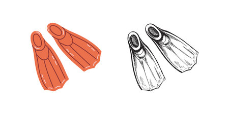 Cute hand drawn diving fins. Flat and outline black vector illustration isolated on white background. Doodle drawing.のイラスト素材
