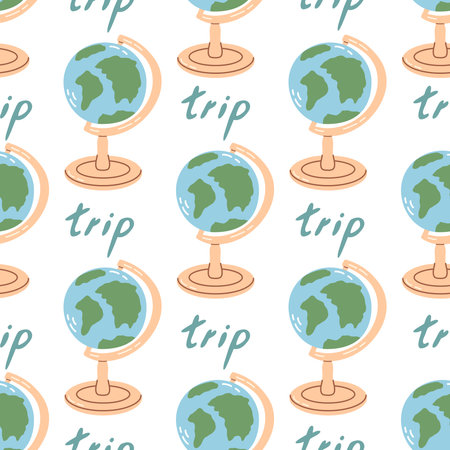 Cute globe seamless pattern. Flat vector illustration isolated on white background. Doodle drawing.のイラスト素材