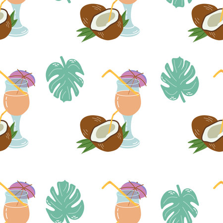 Cute cocktail with straw and umbrella, coconut with straw, seamless pattern. Flat vector illustration of cocktail in glass isolated on white background.のイラスト素材