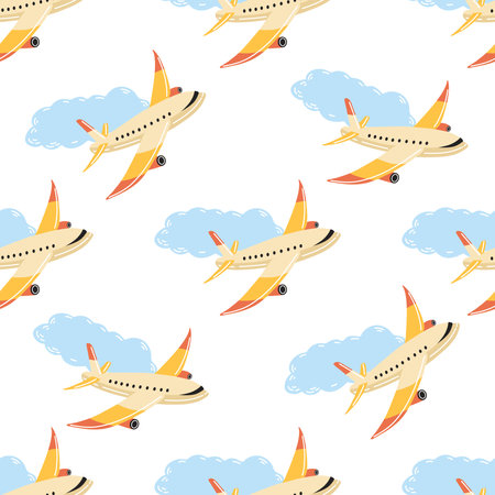 Cute hand drawn flying plane seamless pattern. Flat vector illustration isolated on white background. Doodle drawing.のイラスト素材