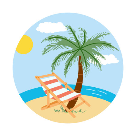 Cute hand drawn travel round icon. Tourism and camping adventure icon. Ð¡lipart with traveling elements, palm tree, chaise longue, sea, beach.のイラスト素材